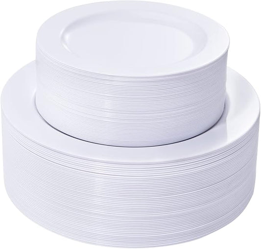 FLOWERCAT 100PCS White Plastic Plates-Heavy Duty White Disposable Plates for Christmas/Easter/Party/Wedding -Serve 50 guests 10.25inch & 7.5inch
