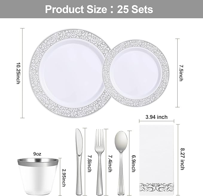 Bestluck 175PCS Silver Plastic Dinnerware Set for 25 Guests, Disposable Plates for Party, Wedding, Include 25 Dinner Plates, 25 Dessert Plates, 25 Set Silver Silverware, 25 Cups, 25 Napkins