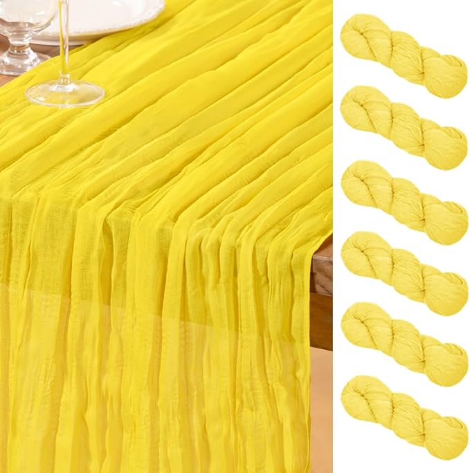 DeZerlor Lemon Yellow Cheesecloth Table Runner 6 Pack Spring Easter Table Runners Boho Gauze 120 Inches Yellow Cheese Cloth Table Decor for Wedding Bridal Baby Shower Parties