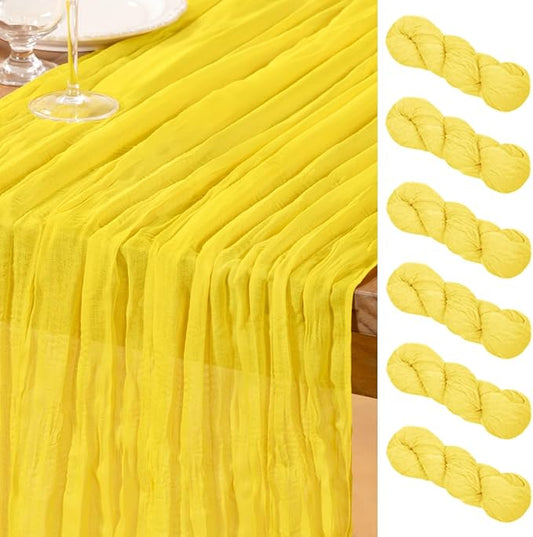 DeZerlor Lemon Yellow Cheesecloth Table Runner 6 Pack Spring Easter Table Runners Boho Gauze 120 Inches Yellow Cheese Cloth Table Decor for Wedding Bridal Baby Shower Parties