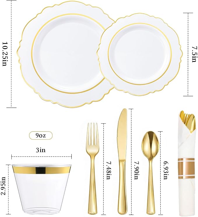realluck 350 Piece White Gold Plastic Dinnerware Set for 50 Guests Elegant Disposable for Weddings, Parties, 100 Plastic Plates, 50 Pre Rolled Napkins with Silverware, 50 Cups