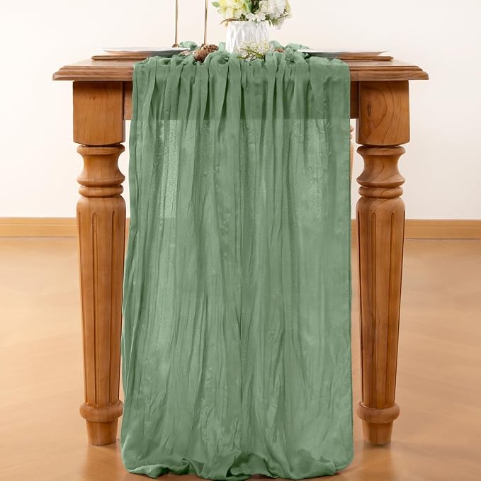 LINXTAR Sage Green Cheesecloth Table Runner 120 Inches 10Ft Gauze Summer Boho Table Runner for Wedding Tea Party Baby Shower Bridal Birthday Home Decoration