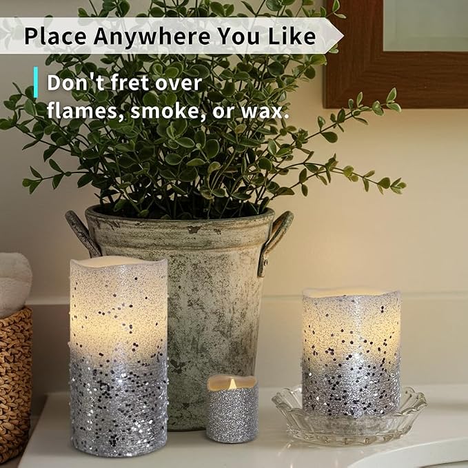 FURORA LIGHTING Silver Glitter LED Candles, 8-Pack Set with Remote & Timer | Includes 4 pillars and 4 votives. Creates a sleek, modern winter metallic ambiance perfect for elegant entertaining.