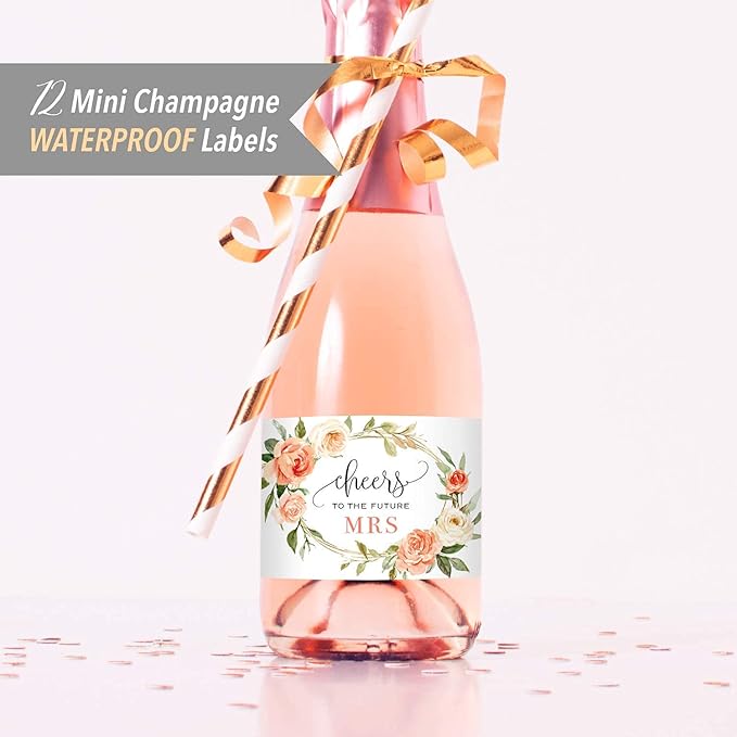 Cheers to the Future Mrs. - 12 Mini Champagne Bottle Labels, Waterproof Mini Wine Bottle Labels for Bridal Shower Bachelorette Party (Peach Floral, 12 Mini Bottle Labels)