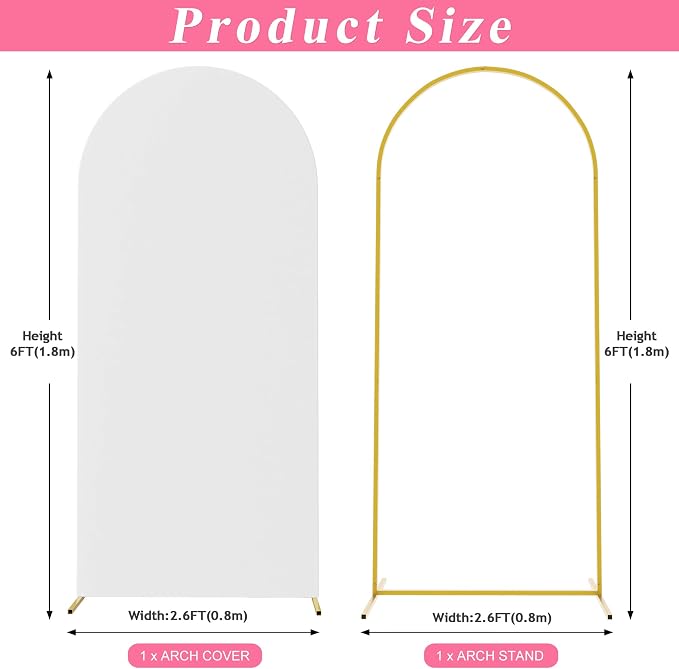 Putros Arch Backdrop Stand and Cover Set, 6ft, Gold Arch Stand with White Cover, Metal Arched Background Frame for Wedding, Birthday Party, Baby Shower, Photography Decoration