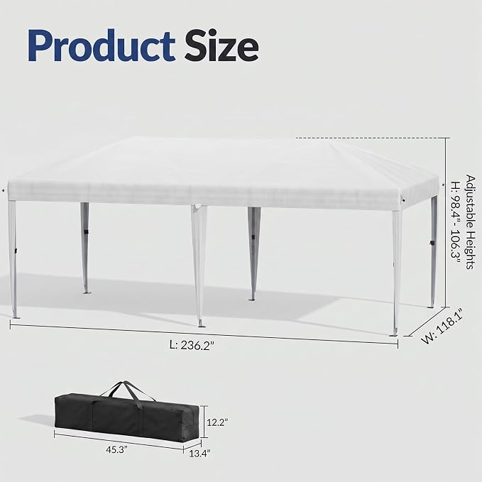 10x20 Pop Up Canopy Without Sidewalls, Instant Tent with Carry Bag, Sandbags, Height Adjustable Waterproof Outdoor Canopy, Outdoor Canopy for Events, Camping, Parties (White)