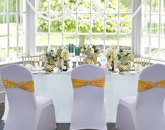 All Sequin Gold Chair Sashes 100 Pack, Gold Sequin Chair Sashes Bows for Wedding Party Folding Chair Decoration, Golden Chairs Band with Buckles for Fiesta Event Decorations