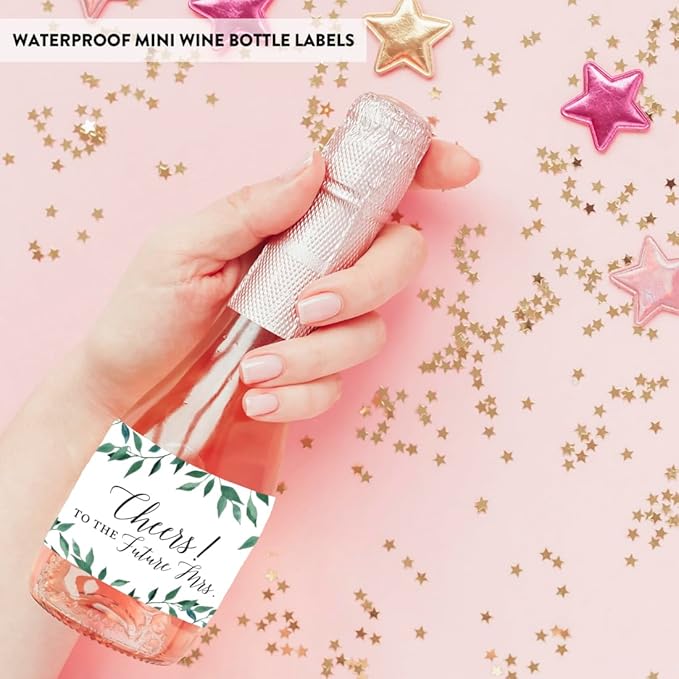 Andaz Press Bachelorette Mini Wine Labels for Bottles, Cheers! to The Future Mrs., Greenery Green Leaves 20-Pack Custom Mini Champagne Bottles Bulk Waterproof Mini Wine Bottle Labels