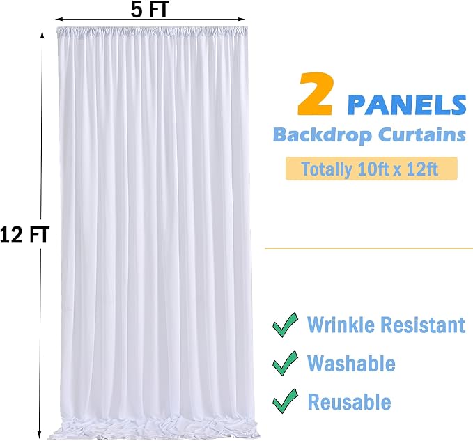 12ft x 10ft White Backdrop Curtains for Parties, Wrinkle Free 2 Panels Photo Backdrop Drapes Back Drop Cloth for Wedding Birthday Photography Background Decor