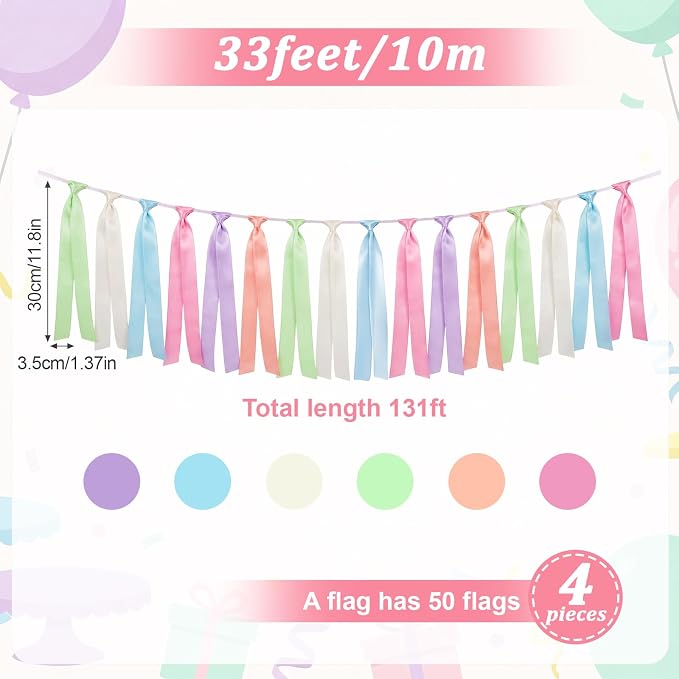 Tenceur 131 ft Party Decor Pre Assembled Ribbon Tassel Garland Boho School Classroom Streamer Ribbon Tassel Garland Birthday Nursery Photography Prop Decor