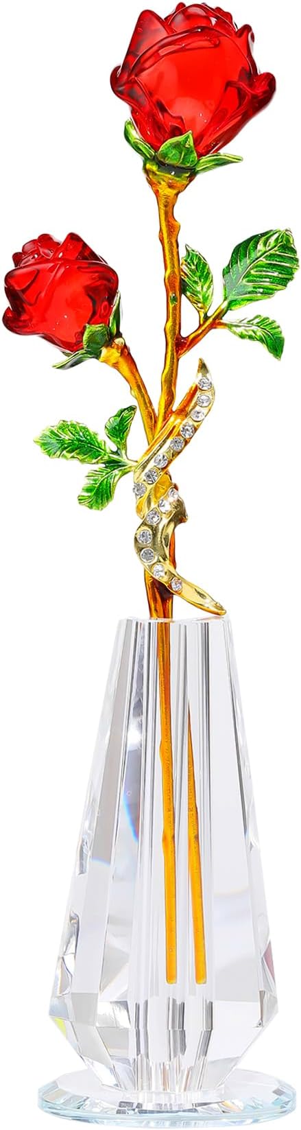 Arikyrist Red Rose Flower Crystal Figurine with Vase, Handmade Bouquet Glass Flowers Ornament Rose Gifts for Wife Girlfriend Women, Crystal Flower Home Table Decor for Valentine Anniversary