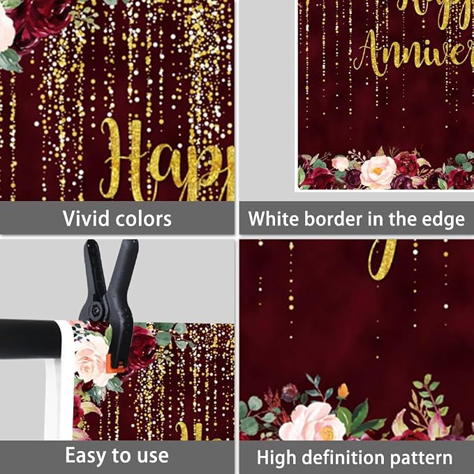 10x10ft Happy Anniversary Backdrop, Gold Glitter Burgundy Wedding Anniversary Background 1st 40th 50th 71th Couple Wedding Women Birthday Floral Party Decorations Cake Table Decor