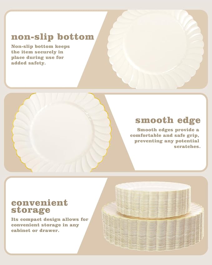 YOUBET 100PCS Ivory Scalloped Plastic Plates - Heavy Duty Gold Disposable Fancy Hard Plates Include 50 Dinner Plate, 50 Dessert Plate, for Wedding & Party