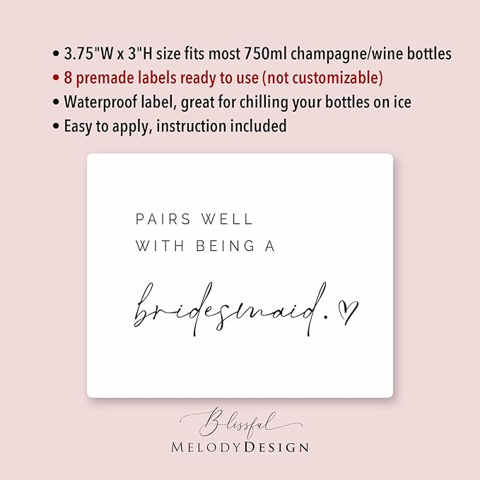Set of 8 Waterproof Champagne Bottle Labels, Proposal Idea for Bridesmaids, Maid of Honor & Matron of Honor