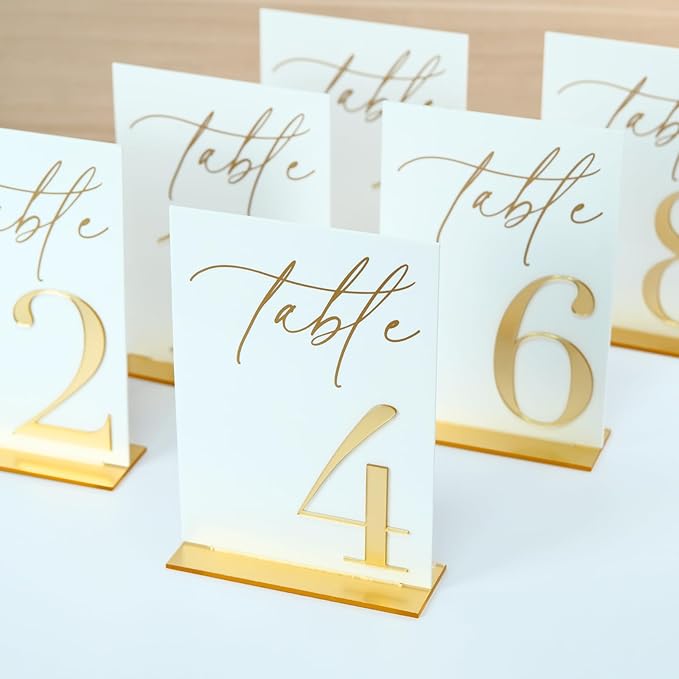 Acrylic Wedding Table Numbers 1-10 with Stands, 5"x7" White Acrylic Signs with Gold Mirror Fonts, White and Gold 3D Table Numbers for Wedding Reception, Anniversary, Event