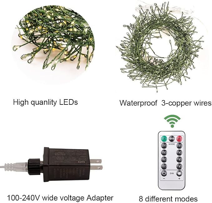 Firecracker Fairy Lights Plug in,20ft 200LEDs Green Wire Cluster String Lights,Waterproof 8 Modes Remote Twinkle Light for Outdoor Indoor Garden Bedroom Christmas Tree Holiday,Warm White