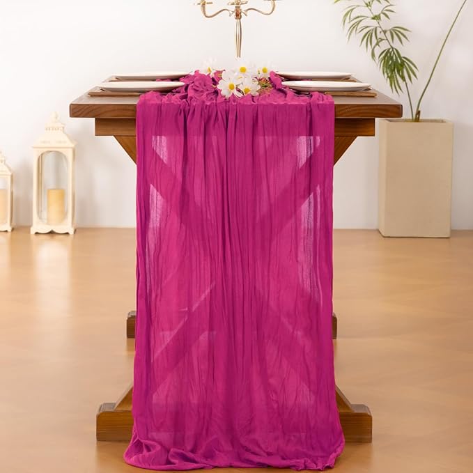 Socomi Hot Pink Spring Easter Cheesecloth Table Runner Fuchsia Boho Rustic Gauze 120 inch 10FT Cheese Cloth Runner for Wedding Party Baby Shower Birthday Home Decor