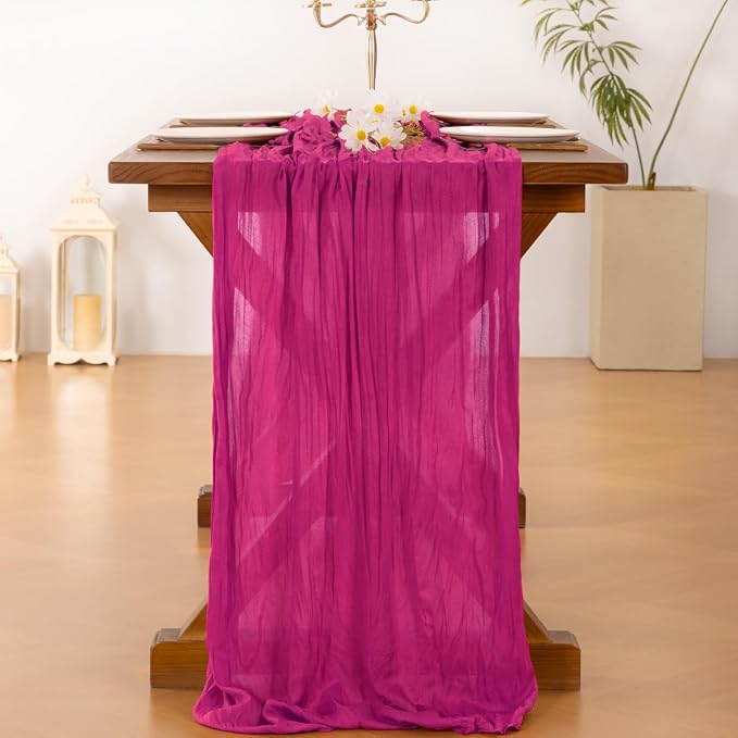 Socomi 2pcs Hot Pink Summer Cheesecloth Table Runner Boho Rustic Gauze 120 inch 10FT Cheese Cloth Sheer Runner for Wedding Party Baby Shower Birthday Home Decor