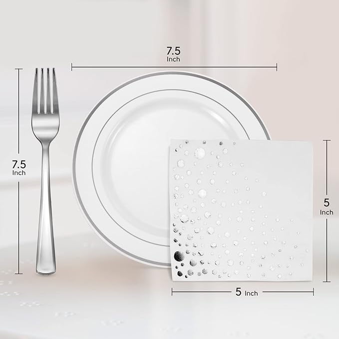 Stylish 7.5 Inch White and Silver Plastic Plates, Disposable Forks and Cocktail Napkins (100 Set), Silver Dessert Plates, Small Appetizer Plates, Disposable Cake Plates for Wedding Reception