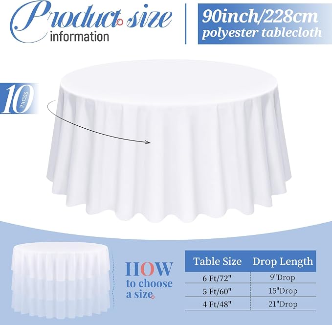 Pesonlook 10 Pack 90 Inch White Round Table Cloths, Premium Polyester Round Tablecloth Wrinkle Resistant Washable TableCover for Wedding, Party, Dining,Banquet,Buffet Table
