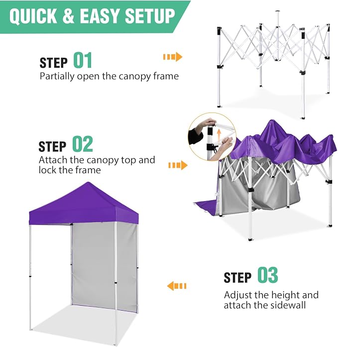 5x5 Pop Up Canopy Tent with One Sidewall, Instant Portable Beach Canopy, Outdoor Tent with Carry Bag for Camping, Sports, Tailgating, Events, Purple