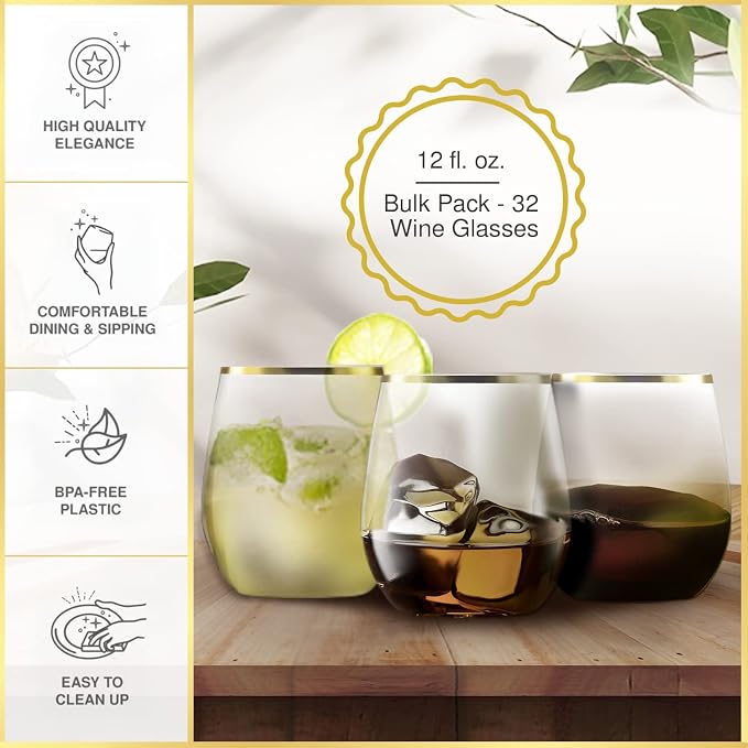 32 Pack Stemless Plastic Wine Glasses Disposable 12 Oz Gold Rim - Shatterproof Recyclable and BPA-Free, Stylish Drinkware for all Beverages, Cocktail Parties, Wedding Reception