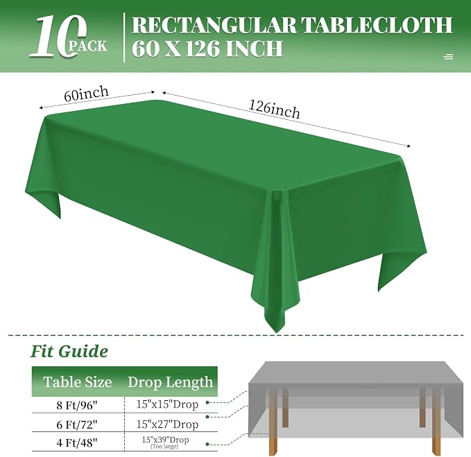 10 Pack Green Tablecloth 60 x 126 Inch Green Table Cloth for 8 Foot Rectangle Tables Washable Polyester Fabric Table Cloth Rectangle for Parties Wedding Banquet