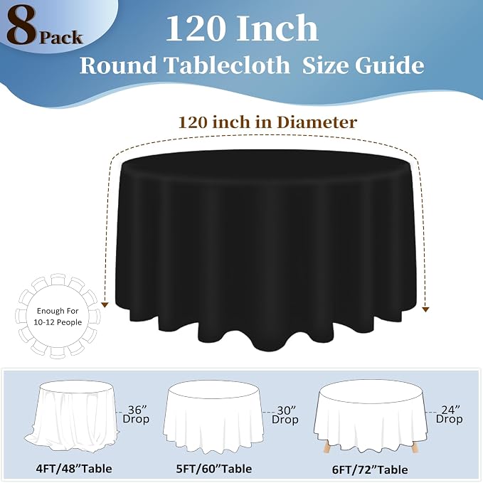 8 Pack Black Round Tablecloths 120 Inch Round Table Cloth, Wrinkle Resistant Washable Polyester Fabric Table Cloth Round Table Cover for Dining Banquet Wedding Party