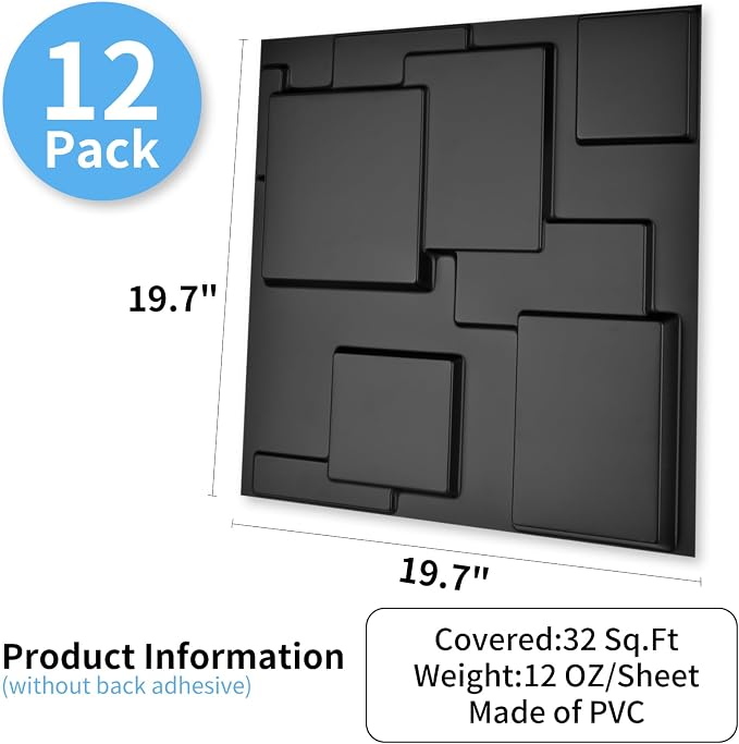 Art3d 19.7" x 19.7" (Pack of 12) Wall Panel City, Black