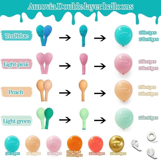 Pastel Balloon Arch Garland Kit Double Stuffed Pink Orange Teal Blue Green Balloons Light Baby Pink Peach Gold Colorflul Balloon for Tropical Flamingo Hawaiian Birthday Baby Shower Party Decorations