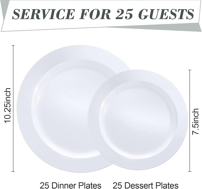 Bestluck 50PCS White Plastic Plates, Disposable Dinnerware for 25 Guests, Include 10.25 inch & 7.5 inch Dinner & Dessert Plates for Party, Wedding and Graduation