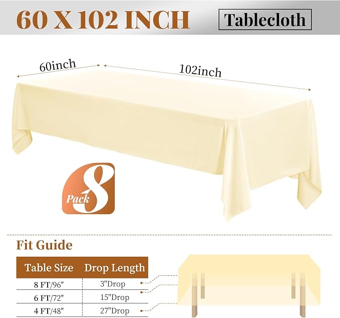 8 Pack 60 x 102 Inch Tablecloth, Beige Tablecloth for 6 Feet Rectangle Tables, Stain and Wrinkle Resistant Washable Fabric Table Cloth for Wedding Party Dining Table Buffet Parties and Camping