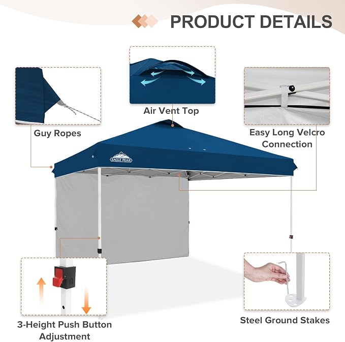 EAGLE PEAK Commercial Canopy 12x12 Pop Up Canopy Tent with 1 Sidewall, Easy Setup Heavy Duty Instant Event Shelter for Vendors & Markets, Outdoor Sun Shade, Dark Blue