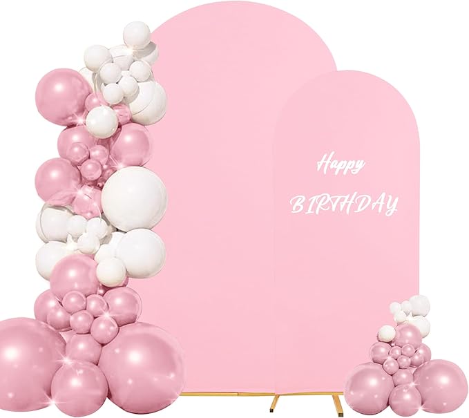 Set of 2 Wedding Arch Cover 2-Sided Round Top Spandex Fitted Arch Backdrop Cover for Birthday Party Baby Shower Wedding Arch Stand Decor（7.2FT, 6FT, Pink）