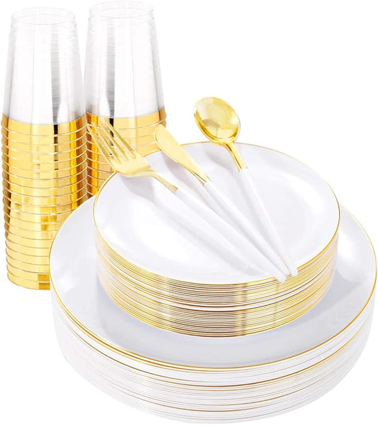 LIYH 180 Pcs White and Gold Plastic Plates Disposable - Dinnerware Set, Gold Plastic Silverware, Disposable Heavyduty Plates for Parties, Birthdays, Wedding 30Guests