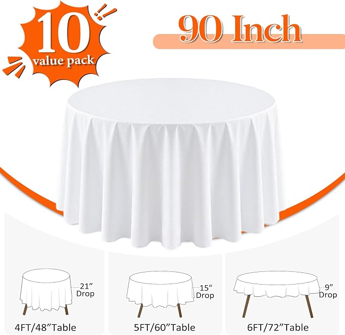 10 Pack White Round Tablecloth 90 Inch Round Table Cloth Wrinkle Resistant White Table Cloth Washable and Reusable Polyester Fabric Table Covers for Banquet Wedding Party Dining Buffet