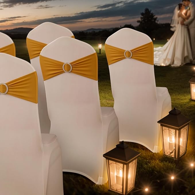 Spandex Chair Sashes Bows - Babenest 30PCS Premium Stretch Chair Cover Band with Buckle Slider Universal Elastic Chair Ties for Wedding Party Ceremony Reception Banquet Decoration (Gold)