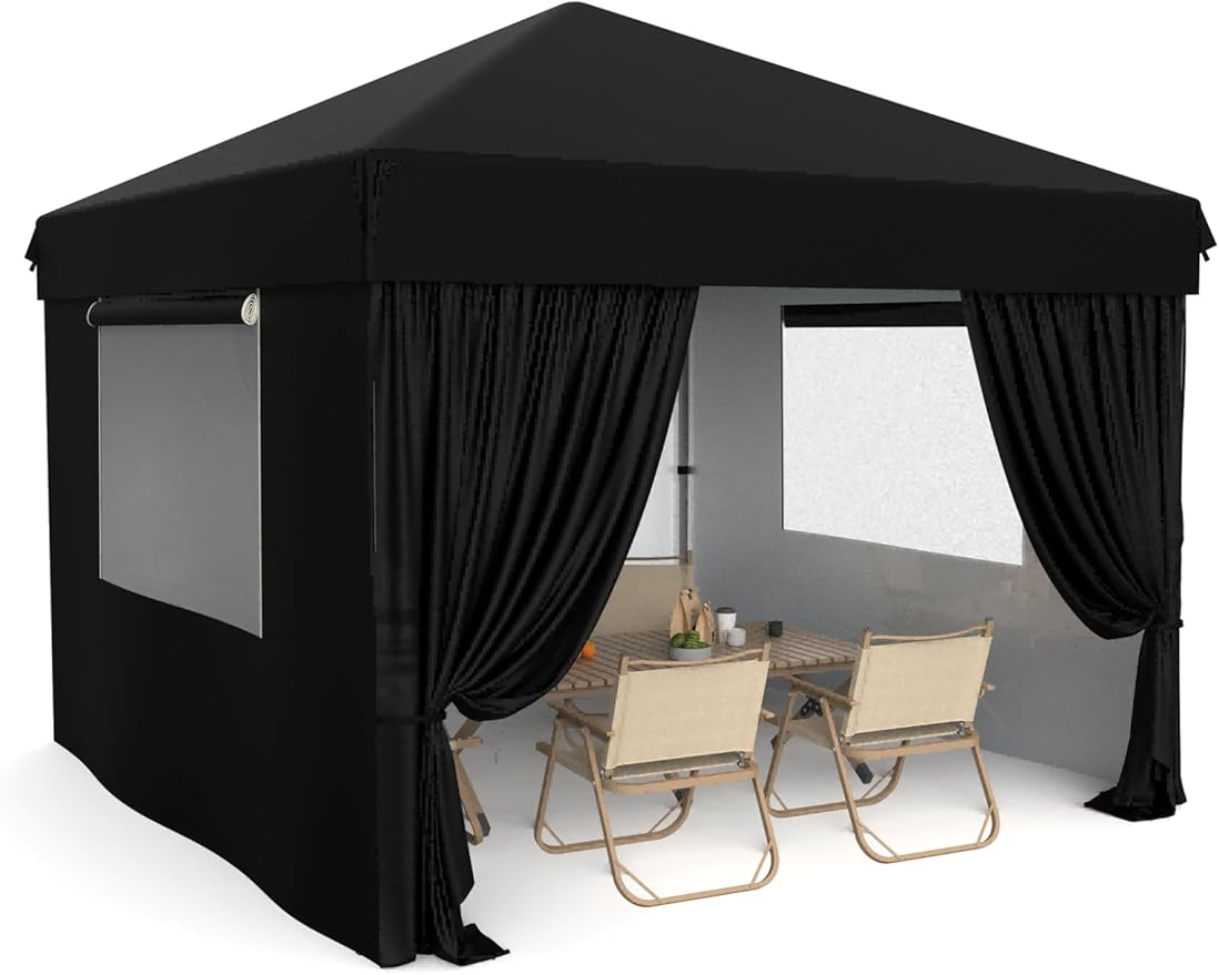 10x10 Pop Up Canopy with Removable 4 Sidewalls - Easy Up Camping Tent with One Button Push Setup - 1 Roller Bag, 3 Adjustable Height, 4 Weight Bags for Deck, Garden, Sports, Beach, Party - Black