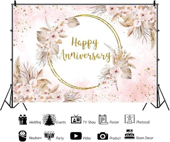 9x6ft Boho Happy Anniversary Backdrop Bohemia Pampas Grass Floral Engagement Banner Cheers to Wedding Anniversary Bridal Shower Party Decorations Blush Pink Floral Photography Background