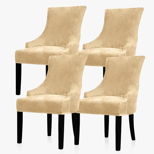 Lellen Velvet Stretch Wingback Chair Cover - Reusable Wingback Side Chair Slipcover Chair Seat Cover Chair Protector Cover for Dining Room Banquet（Sand Color,4PC