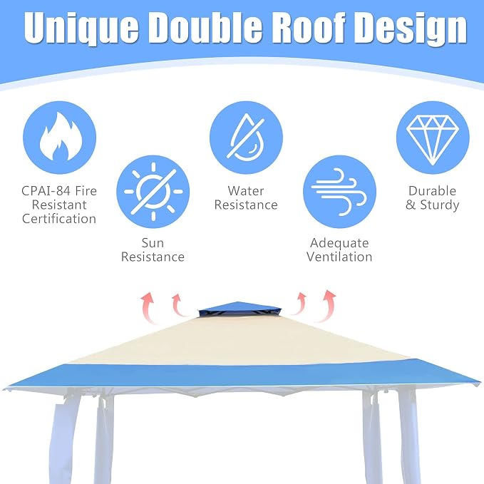 Tangkula 13 x13Ft Pop-Up Gazebo, Outdoor Canopy Shelter Tent w/ 2-Tier Roof, Corner Curtains & 3 Adjustable Heights, Patio Gazebo with 169 Sq.Ft of Shade for Yard, Patio, Beach & Park (Blue)
