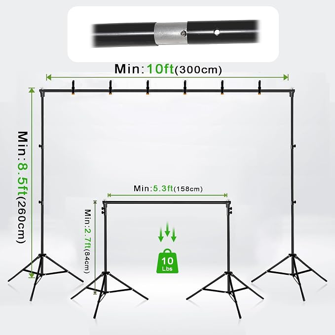 10x8.5 ft Adjustable Green Screen Backdrop Kit with Stand, Photo Background Support System for Video Streaming, Photography, Studio, Parties, Events