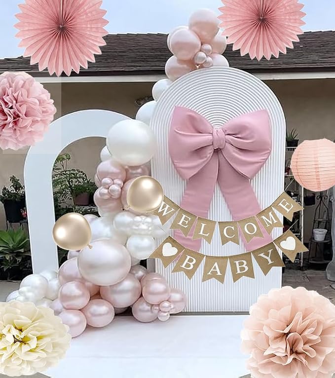 Baby Shower Decorations for Girls with Rustic Burlap Welcome Banner and Rose Gold Balloons Dusty Pink Paper Party Supplies (Pink + Champagne Gold)