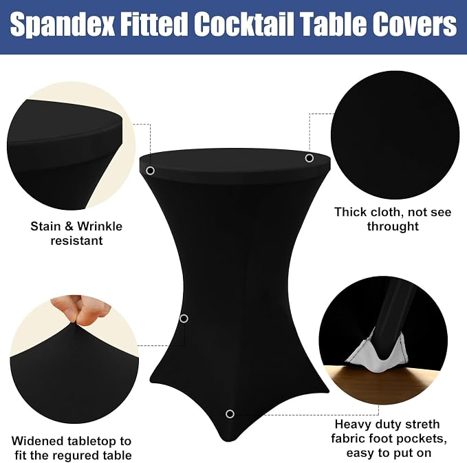 Moosfor Spandex Cocktail Table Covers 8 Pack, Elastic Fitted Stretch Table Cloth, Round High Top Tablecloths for Bar, Party, Pub, Wedding & Banquet (Black, 32x43 Inch)