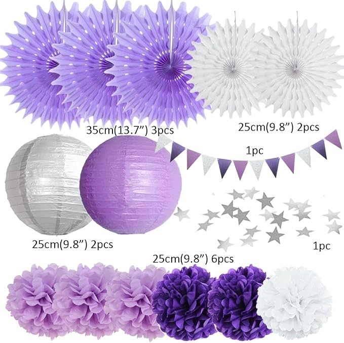 Purple White and Silver Party Decorations Lanterns Fans Poms Light Purple and Silver Party Decorations for Graduation Baby Shower Bridal Shower Wedding Birthday Purple Silver White Party Decorations