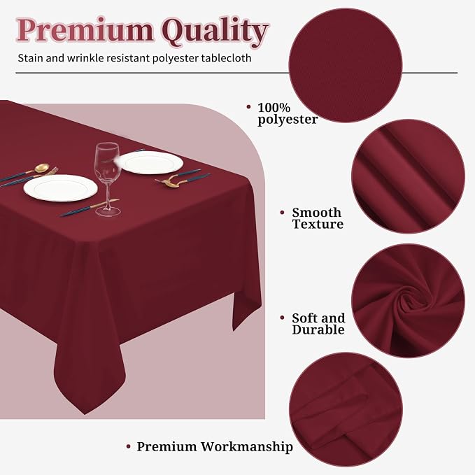 12 Pack Burgundy Tablecloths for Rectangle Tables Stain and Wrinkle Resistant Washable Polyester Tablecloth 60 x 102 Inch Table Cloth Rectangle Table 6 Foot Rectangle Table Cloth for Wedding Party