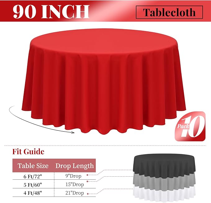 Fani 10 Pack 90 Inch Round Red Polyester Tablecloths for Wedding Party Dining Table Buffet Banquet Restaurant and Camping