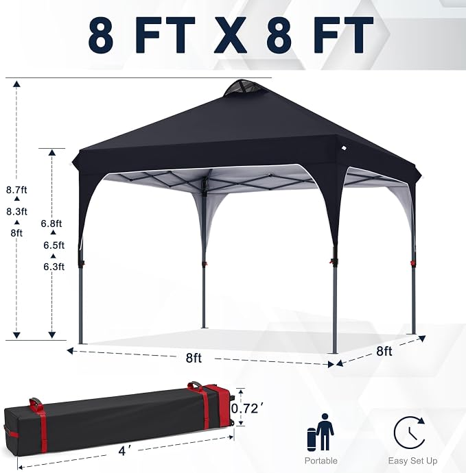COOSHADE Pop Up Canopy Tent, 8x8 Easy Setup Instant Canopy Sun Shelter Beach Tent, Portable Sports, Black