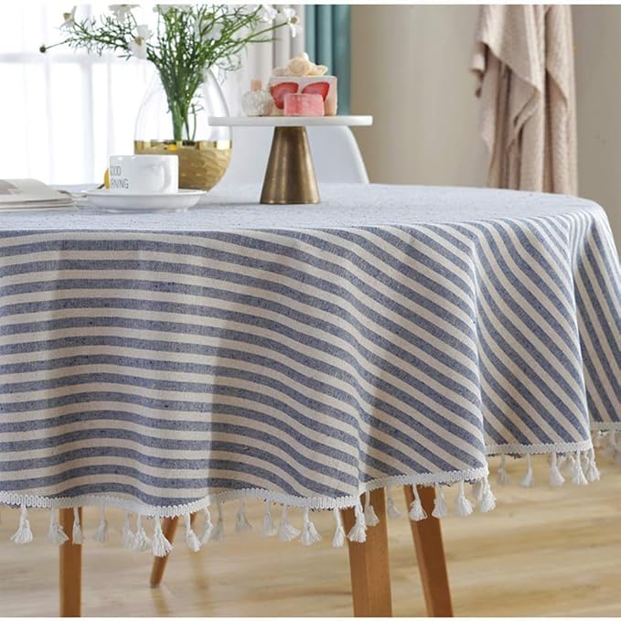 meioro Round Tablecloth Stripe Tassel Table Cloth Cotton Blend Dust-Proof Cover for Dining Circle Coffee Side End Card Tables, Parties Holiday Indoor Outdoor Use (Blue/White Stripes, 39 Inch)