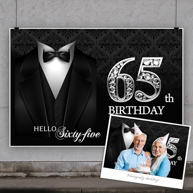 7x5ft Happy 65th Birthday Backdrop Gentleman Black Tuxedo Suit Necktie Hello Sixty Five Photography Background for Men Father Grandpa Birthday Party Decorations Cake Table Banner Vinyl